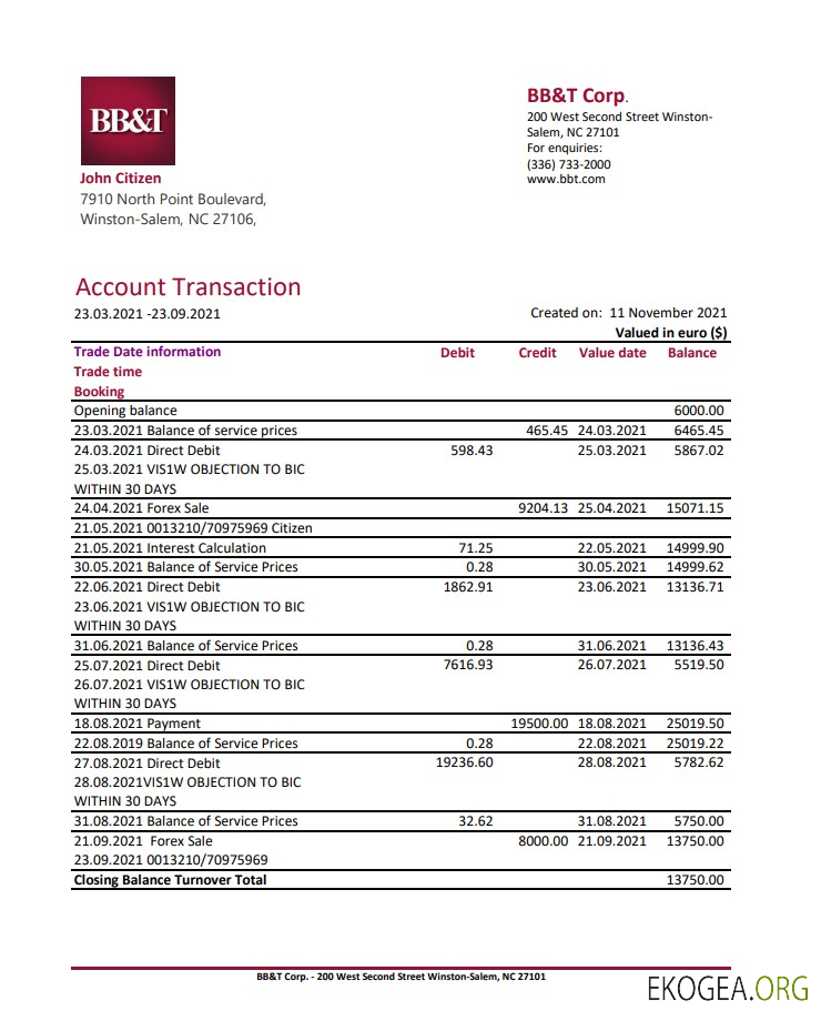 Modèle de relevé bancaire USA Caroline du Nord BB&T Corp. au format Excel et PDF template